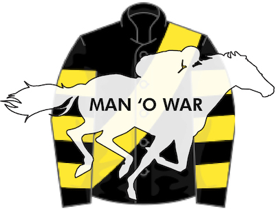 Man 'O War black and yellow racing silks with white racehorse overlay